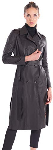D'Arienzo Damen Italienische Langes Leder Mantel Schwarze mit Gurtel Trench Vintage Echteleder Lammnappa Made in Italy Hazel XS-S/schwarz