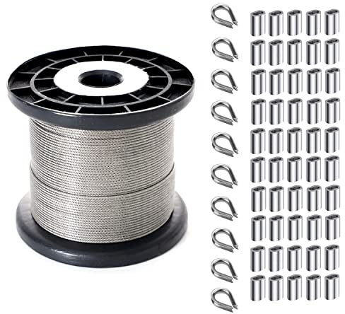 IDGGDI Stainless Steel 2mm Vinyl Coated Wire Cable, 167ft, with 50 Crimping Sleeves and 10 Thimbles for Picture Hanging, Artwork, String Light, Garden Wire, Clothesline, Dog Tie Out