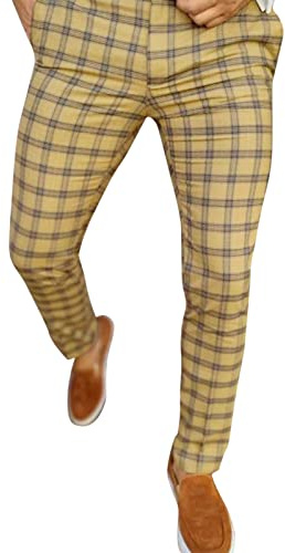 Pantalon chino long pour homme - À carreaux - Pantalon de loisirs - Pantalon de survêtement à carreaux étroit avec poches - Pantalon long de travail pour homme