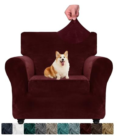CHELZEN Samt Stuhlabdeckungen für Sessel 1 Sitzer Dicke Stretch Couchbezüge für Hunde Haustiere rutschfeste Stuhlabdeckung mit Armmöbeln Schutz für Wohnzimmer (1 Sitzer, Weinrot)