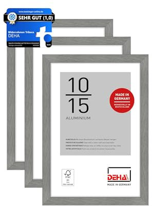DEHA Design Bilderrahmen, 10 x 15 cm (3er Set), Aluminium, Grau matt, Fotorahmen zum Auftstellen im Hoch- & Querformat, bruchsicheres Kunstglas, Tribeca