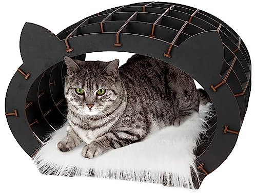 Katzen Haus Modellbau – Katzen Bett Holzpuzzle Erwachsene & Kinder – schwarzes Haus mit weißem Fell Katzen Höhle Rätsel Geschenkbox – 3D Puzzle für Kinder ab 14 Jahren & Erwachsene – EWA Eco-Wood-Art