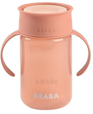 Béaba, Tazza di apprendimento 360° con disco antigoccia, sistema brevettato anti-fuga, da 12 Mesi, manici rimovibili, con coperchio igienico, solido e leggero, 340 ml, rosa