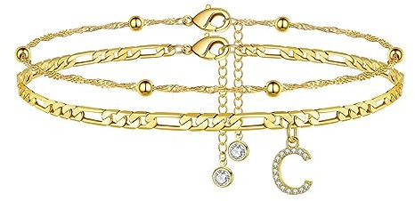 TINGN Fussketten für frauen, Gold Fußkettchen für Damen Fußkette mit CZ Buchstaben C Doppelte Verstellbar Fußketten Frauen Mädchen Tochter Freundin Personalisierte Geschenk