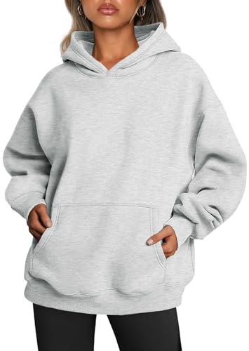 Trendy Queen Damen-Kapuzenpullover, übergroß, Fleece, langärmelig, Pullover, Herbst-Outfits mit Tasche, GRAU, L