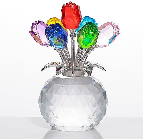 Bunte Rosenblüten-Kristallfigur mit Vase, Blumenstrauß, Ornament, Geschenke für Ehefrau, Freundin, Frauen, handgefertigte Kristallblume, Sammlerstück, Heimdekoration, Tischdekoration für Valentinstag