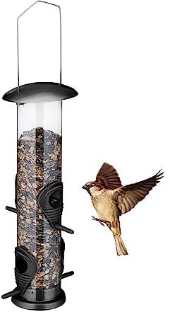 Relaxdays Vogelfutterspender zum Aufhängen, Futtersäule Vögel, 4 Entnahmestellen, Futterspender Wildvögel, schwarz