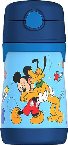 THERMOS Botella de acero inoxidable aislada al vacío con popote de 10 onzas, Mickey Mouse