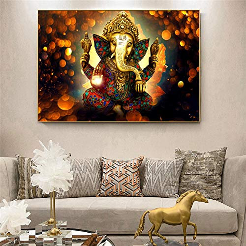 Lord Ganesha Canvas Paintings Wall Art Classical Hindu Gods Posters and Prints Hinduism Pictures for Living Room Decor 80x120cm(31x47in) mit Rahmen