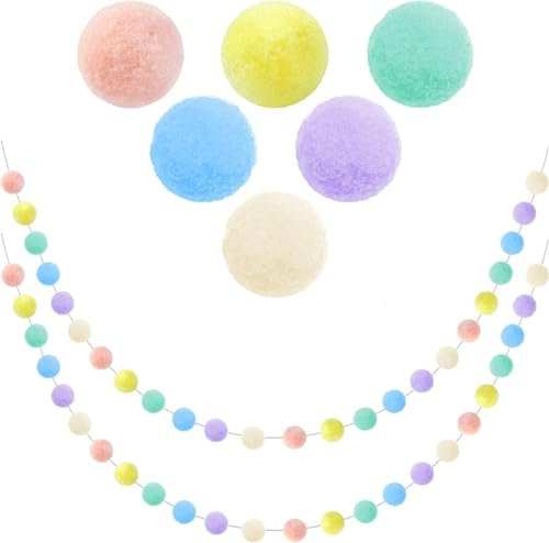 2 Stück Bunte Filzkugeln Girlanden mit 40 Pompons - Filz Ball Girlande Pompons groß Kinderzimmer Deko für Babybett, Wimpelkette, Geburtstagsfeier - Perfekte Kinderzimmer Dekoration für Hausbett