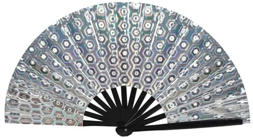 Tkocisa Large Holographic Folding Hand Fan for Line Dance, Boots on The Ground Fan Rave Clack Fans for Party, Festival, Halloween, Dance, Decorations(Silver B)