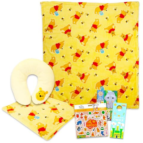 Disney Winnie Puuh Reise-Set für Kinder - Bundle mit Winnie Puuh Decke und Nackenkissen plus Sticker-Aktivitätsbuch, mehr Winnie Puuh Reisezubehör-Set