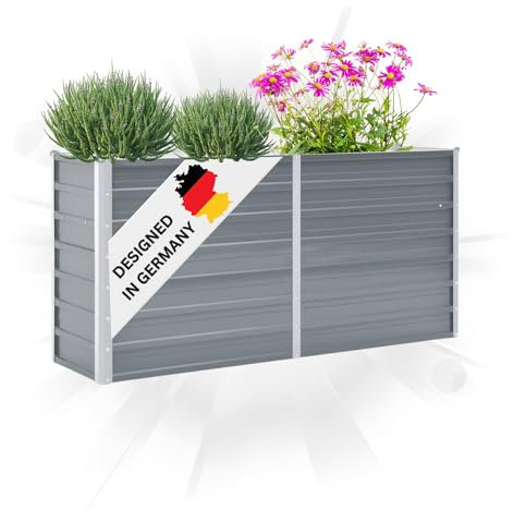 DELUKE® Hochbeet für Garten Oskar Grau | 160x40x77cm | Verzinkter Stahl | Wetterfest | Hochbeet Metall Gartenbeet Kräuterbeet Blumenbeet Beet hoch Frühbeet für Garten Gemüsebeet
