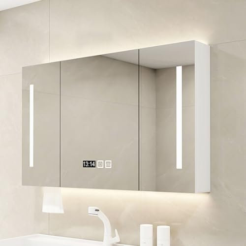 YITAYMLI Armoire de toilette avec LED miroir, armure murale salle de bain Anti-buée en bois, meuble mural salle de bain 3 lumières de couleur, Dessiner du papier, 90*12*70cm/35.4*4.7*27.6in, Blanc
