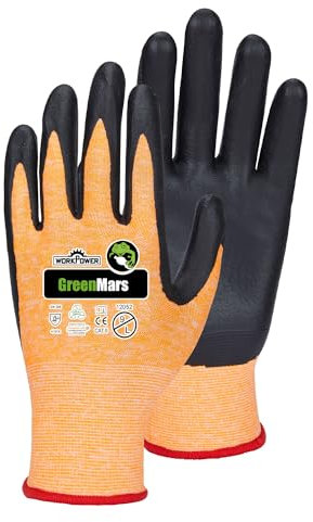 WORKPOWER– Arbeitshandschuhe Green Mars für Herren – rutschfeste Handschuhe mit Nitrilbeschichtung – verfügbar in den Größen 9 (Orange-meliert/Schwarz)