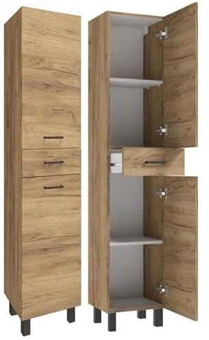 .Deftrans Badezimmerschrank stehend 169x35 cm, schmaler Hochschrank aus Eiche, Badschrank aus Holz mit Regalfächern