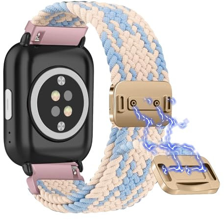 Niboow 20mm Magnetic Braided Watch Band for Amazfit Active 2/Active/GTR Mini/GTS 4/GTS 4 Mini/GTS 3/GTS 2e/GTS 2, Nylon Elastic Replacement Watch Straps for Amazfit Bip 3/Bip 3 Pro - Blue/Pink