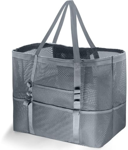 REETEE Strandtasche XXL Familie Badetasche Groß Strandtasche, Mesh Beach Bag Shopper Faltbare Reisetasche Beach Tote Bag, Extra Groß Badetasche Damen für Reisen Einkaufen und Alltag (grau)
