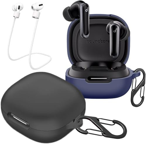 [2 Pack] easyBee Funda Compatible con Soundcore P40i Auriculares Inalámbricos Bluetooth, Carcasa Protector de Silicona con 2 Mosquetón Correa Anti-Pérdida - Negro y Azul