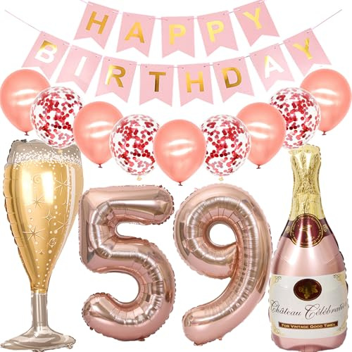 Feelairy Luftballon 59. Geburtstag Deko Frau, Rosegold Folienballon Weinflasche Sektflasche Helium Ballon Champagner Flasche, Girlande Happy Birthday Deko für Geburtstagsdeko 59 Jahre Frauen