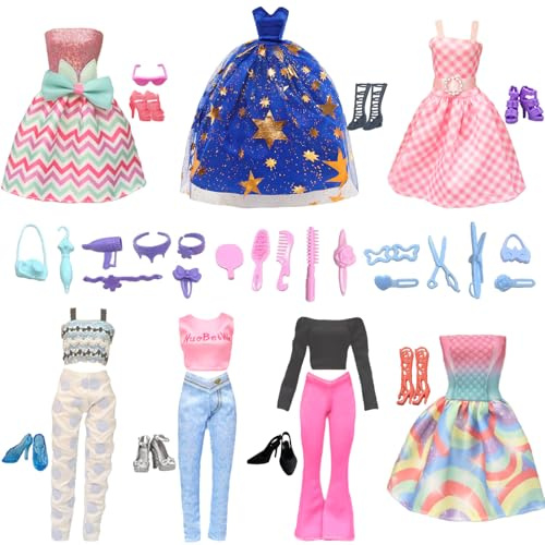 Conjuntos de Ropa para 11,5 Pulgadas Muñecas, 56 Piezas Incluyendo 1 Vestido 3 Vestido de Moda 3 Top 3 Pantalones 20 Zapatos 18 Accesorios al Azar para Muñecas de 11.5 Pulgadas en Navidad, Cumpleaños