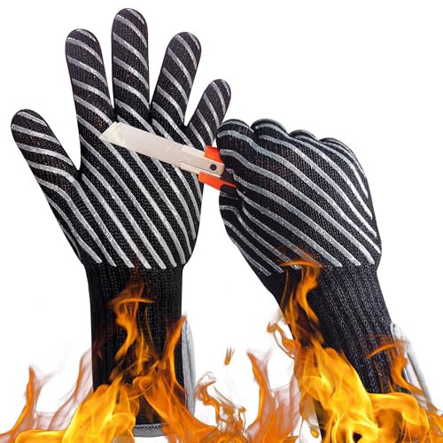 HandLove Guantes para barbacoa, 1472 F de aramida, resistentes al calor, guantes de silicona antideslizantes, guantes largos de cocina para asar, cocinar, hornear, resistentes a los cortes, para