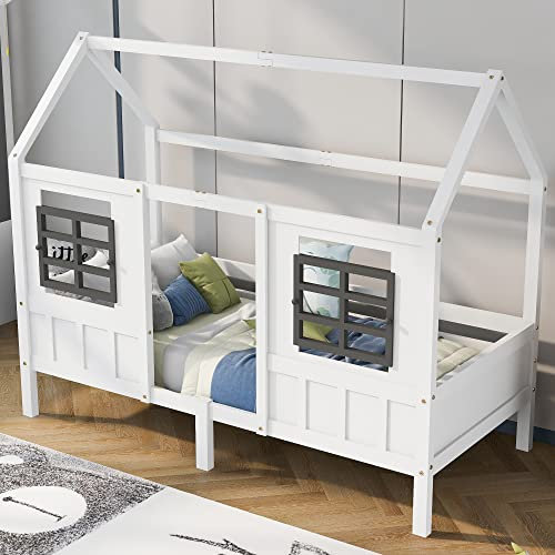 Merax Kinderbett 90x200 cm, Hausbett für Kinder Montessori Bett Einzelbett Tagesbett Kleinkinderbett aus Kiefer, 2 Fenstern, Weiß