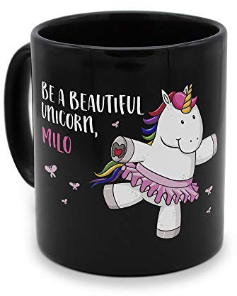 printplanet - Tasse Schwarz mit Namen Milo - Motiv: beautiful unicorn - Namenstasse, Kaffeebecher, Mug, Becher, Kaffeetasse