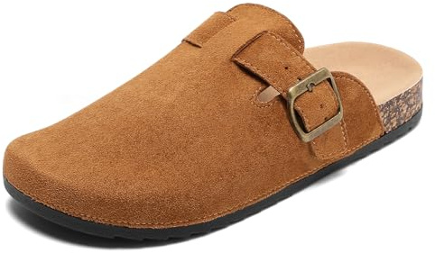 Suede Clogs Women Leather Mules Men Soft Cork Footbed Adjustable Buckle with Arch Support Closed Toe Sandals Potato Shoes Anti Slip Unisex Brown