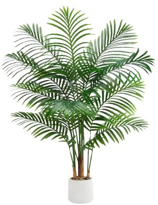 FSOHOI Artificial Plants Indoor, 4FT Large Fake Areca Palm Tree | 13-Leaf Tall Faux Floor Plant with White Pot & Pebbles | Lifelike Tropical Artificial Palm | Home, Living Room & Office Decor