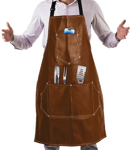 TTSTOIEE Kochschürze, Grillschürze für Männer und Frauen mit 5 Taschen Verstellbar, Grill Schürze für Küche, Restaurant, Cafe, Werkstattreparatur, Maschinenwaschbar sein PU Leder (Braun)