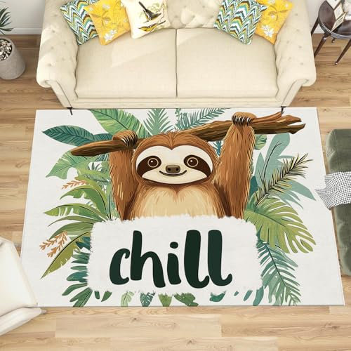 NAWVNMI Waschbarer Teppich Krabbelmatte Babyzimmer Kinder rutschfest Flauschig Teppich Teppich Kinderzimmer Junge Mädchen Kinderteppich, Faultier - Chill-Faultier, 60 x 90 cm