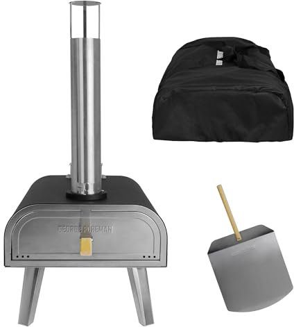 George Foreman Outdoor 16 Inch Wood Pellet Portable Wood Fired Pizza Oven Black with Paddle and Carry Bag, BBQ Oven & Smoker, Foldable Legs GFWPPO2BPC