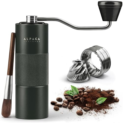 Premium Manuelle Kaffeemühle für Espresso, Pour Over & French Press mit konischem Frässtift aus Edelstahl, präzise verstellbare Handmühle, kompakte Reisegröße Alpaca Ventures