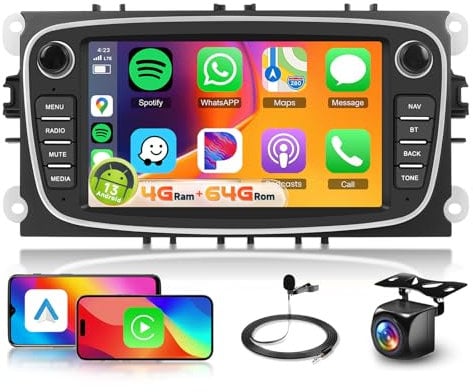 4G+64G Android 13 Car Radio for Ford Focus II C-MAX S-MAX Galaxy II Kuga Mondeo DSP Wireless Carplay Android Auto, Hodozzy 7 1280P Bluetooth 5.0 Car Stereo GPS WiFi FM/RDS SWC Reverse Camera
