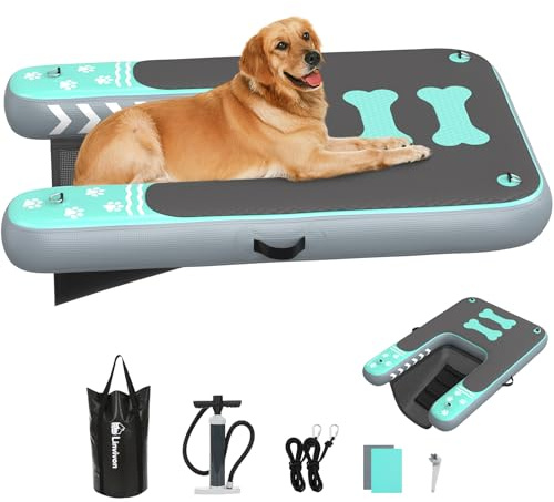 Linvivon Rampa inflable para perros para piscina, flotante portátil antideslizante con rampa de barco para perros, para barco, lago, acceso seguro y fácil al agua para perros, verde y gris