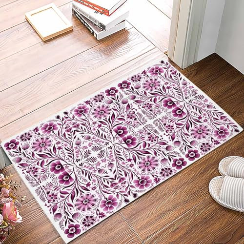 Badvorleger Ethno-Stil Vintage Blumen Rosa Blumen Pflegeleichte Eingangsteppich Lustige Schmutzfangmatte Für Garten Flur Haustür 40X60cm