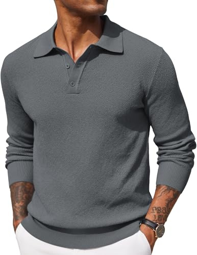 COOFANDY Mens Polo Jumper Long Sleeved Poloshirts Sweater | Fine Knit Winter