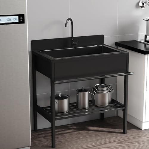 Spüle Edelstahl,Spülbecken Schwarz,Spüle mit Unterschrank,mit Wasserhahn und Abtropfset, Design mit erhöhter Rückenlehne, für Garage, Innenküche, Keller, Gewerbe.(68 * 51 * 94cm)