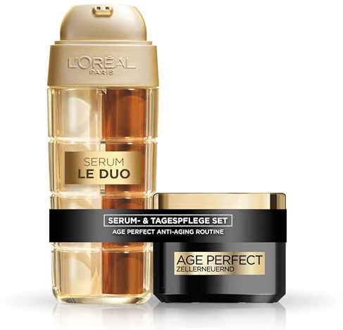 L'Oréal Paris Set: Age Perfect Serum Le Duo – Anti-Aging Pflege mit Kollagen-Booster für straffere, ebenmäßigere Haut, mit Vitamin B3 & CG, 30 ml und Zell-Renaissance Tagescreme LSF 15 – mit Schwarzem