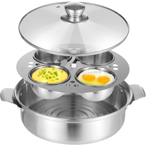 Stainless Steel Egg Poacher Pan, Steamer Pot with 4 Poached Egg Cups, Egg Cooker for Stove and Induction, Sturdy and Even Heating, Ideal for Soup and Boiled Egg, 9.4×2.6