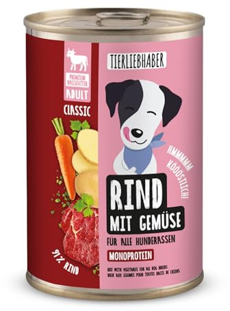 TIERLIEBHABER – Hundefutter Nass 400g Rind mit Gemüse – Von Tierärzten entwickelt – Nassfutter Hund mit 91% Fleischanteil – Dog Food als Hundenassfutter 400g Dosen