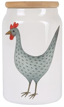 Kilala Keramik Vorratsdose mit Huhn-Motiv & Bambusdeckel – 650 ml – Luftdicht, Spülmaschinengeeignet – Deko-Dose Landhausstil Küche, Weiß glänzend (taubengrau)