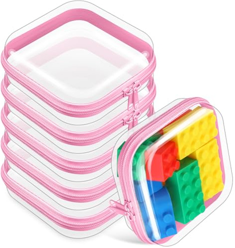 Sanwuta 6 Pcs Clear Hard Zipper Case Plastic Zipper Pouches Transparent Makeup Bag Pencil Case Pouches Toiletry Diaper Bag for Travel Toy Storage Organizer Bins(Pink,5 x 5 x 2 Inch)