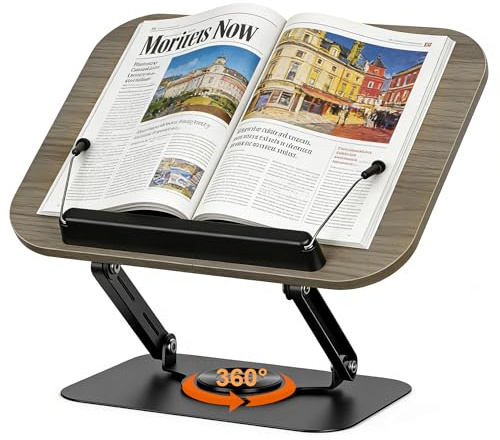 Book Stand for Reading, Book Holder with 360° Rotating Bases, Adjustable Cookbook Stand with Elastic Page Clips, Foldable & Portable, Book Display Stand for Office, Music Scores, Magazines and Laptops