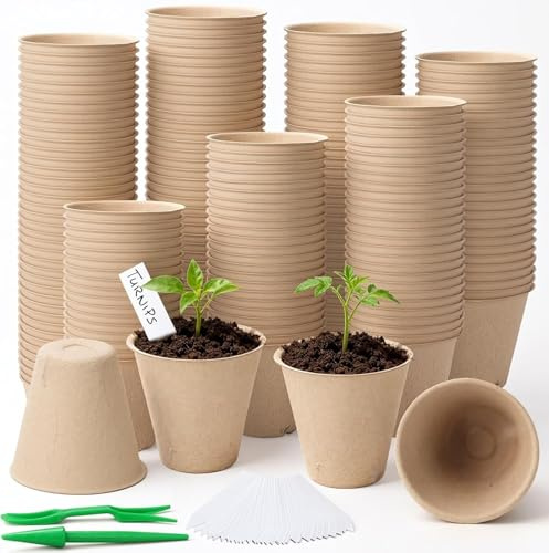 IGKYIVO 100 Stück 6cm Anzuchttöpfe, Biologisch Abbaubare Anzucht-Töpfe, Pflanztöpfe mit 100pcs Kunststoffetiketten und Umpflanzen Digging Tools, Rund Torffrei Aussaattöpfe für Pflanzen