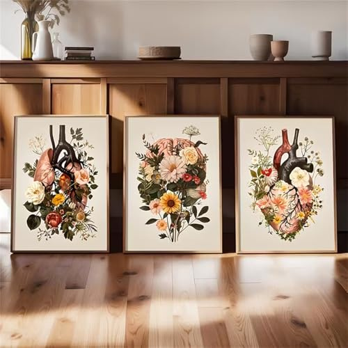 Meuzzvor 3er Bilder Set Blumen-Anatomie Leinwanddrucke Poster Wandkunst Moderne Retro Wandbilder Wohnzimmer Deko Schlafzimmer Büro Bild Ohne Rahmen (30x40cm)