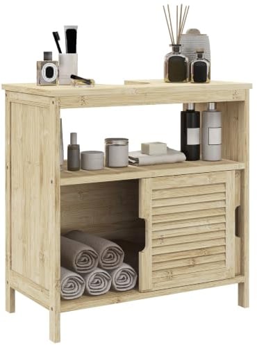 HOMCOM Mueble Bajo Lavabo de Bambú Estilo Moderno 60x30x60 cm Natural | Armario Debajo de Lavabo, Puertas Correderas de Lamas, Compartimento Abierto