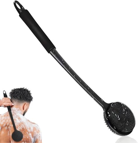 Motswedi Spazzola Schiena Doccia, con Manico Lungo, Spazzola Corpo, Resistente alla Muffa, Spugna per Schiena Doccia, Massaggio, Spugna Silicone Corpo per Pelle Sensibile, Donna Uomo Nero