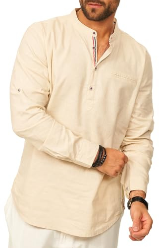 behype. Herren Leinenhemd als Langarmhemd - Freizeithemd im Regular-Fit mit Henley Stehkragen Sommerhemd - Strandhemd im Sommer-Look für Männer